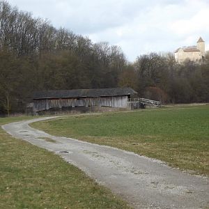 Der Okenauer Steg und Burg Hornberg Richtung Kirchberg/Jagst.